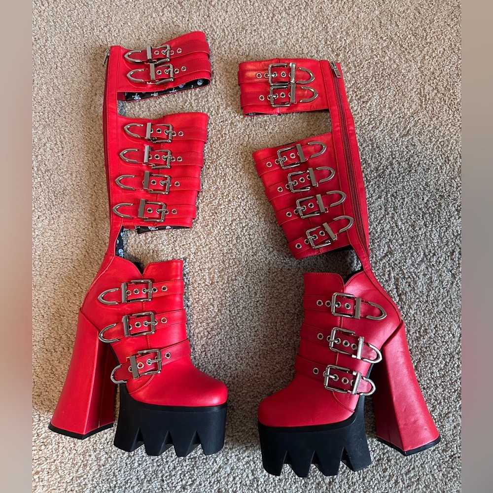 Lamoda Red Buckle Gladiator Platform Boots (Dolls Kill)